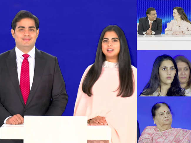 While the Ambani women opted for subtle pink and beige tones for the virtual meeting, the men chose black suits.