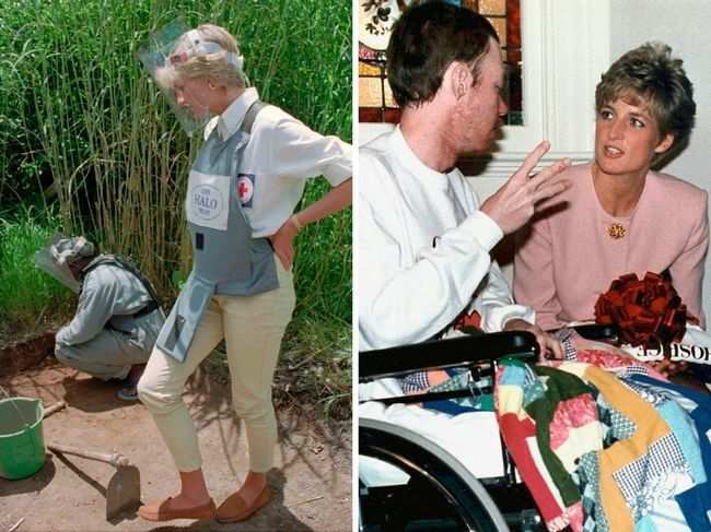 ​File photo of Jan. 15, 1997 & Oct. 26, 1991: Diana wearing protective gear, watches a land-mine clearing demonstration in Huambo, central Angola, one of the most densely mined areas in the country. ​ Diana talks with AIDS patient Wayne Taylor at the Casey House AIDS hospice in Toronto, Canada.​