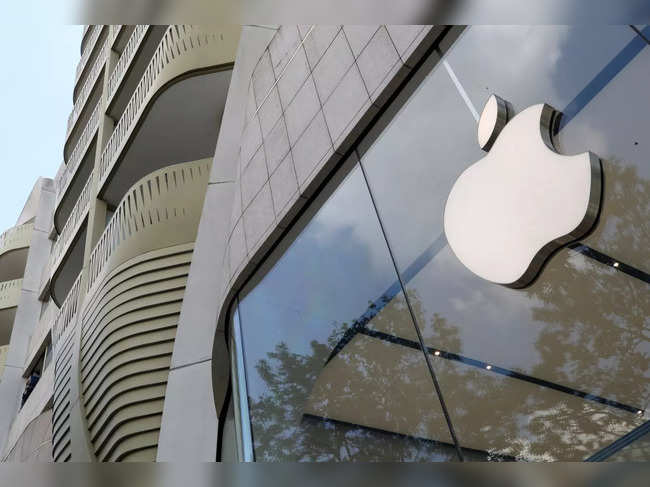 The Apple Inc logo is seen at the entrance to the Apple store in Brussels