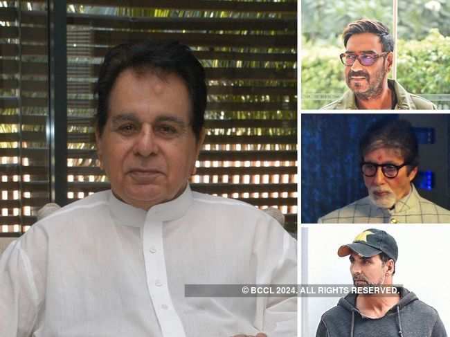 ​Ajay Devgn (right, top), Amitabh Bachchan (right, middle) and Akshay Kumar (right, bottom) shared their condolence on Twitter on demise of Dilip Kumar (L).​