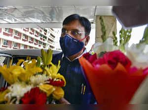 New Delhi: New Health Minister Mansukh Mandaviya arrives to assume office, in Ne...