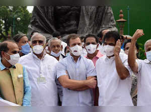 New Delhi: Congress leader Rahul Gandhi with party leaders, DMK and other partie...