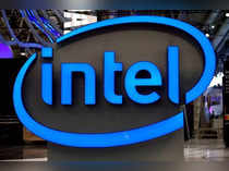 Intel's logo is pictured during preparations at the CeBit computer fair in Hanover