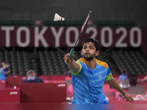 Tokyo: India's B. Sai Praneeth plays against Israel's Misha Zilberman during the...