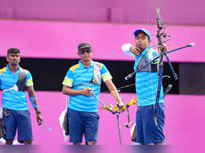 Tokyo: Indian Archery team Pravin Jadhav, Atanu Das and Tarundeep Rai during the...