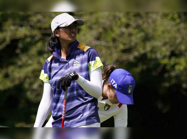 Kawagoe : Aditi Ashok, of India, watches her tee shot on the second hole during ...