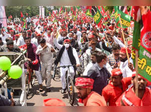 Lucknow: Samajwadi Party Chief Akhilesh Yadav takes out a cycle yatra against al...