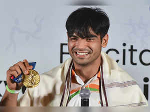 New Delhi: Gold medalist in Tokyo Olympics, athlete Neeraj Chopra during his fel...