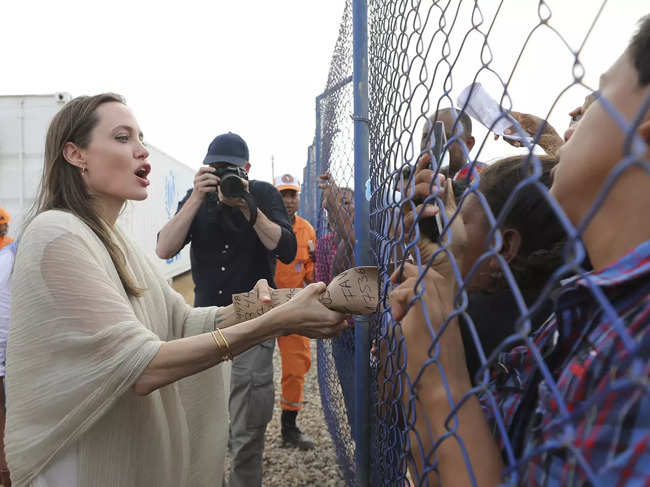 File photo of  June 8, 2019: UNHCR's special envoy Angelina Jolie meets with Venezuelan migrants at a United Nations-run camp in Maicao, Colombia, on border with Venezuela. ​