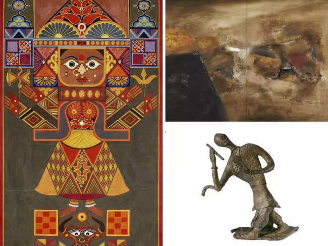 From left, clockwise: Laxma Goud, Untitled, circa 1980, achieved a world record price for the artist selling at Rs 1.70 cr ($237,416); Laxman Shreshta's Untitled (Diptych), oil on canvas, 1994, set a World Record for the artist realising Rs 52,31,381 ($72,657); and Meera Mukherjee’s Dancing Baul – 2, Bronze, 1981, achieved a world record price for the artist at auction, Winning Bid - Rs 1,31,31,146 ($182,376). (Image courtesy of AstaGuru)