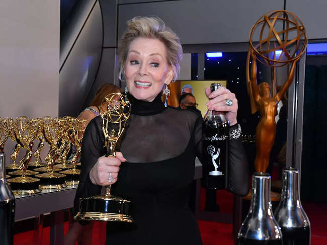 ​Jean Smart picks up her trophy and personalised bottle of Sterling Vineyards wine at the 73rd Emmy Awards Media Center in Los Angeles.​