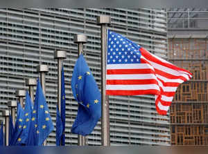 U.S. and EU flags are pictured during the visit of Vice President Pence to the European Commission headquarters in Brussels