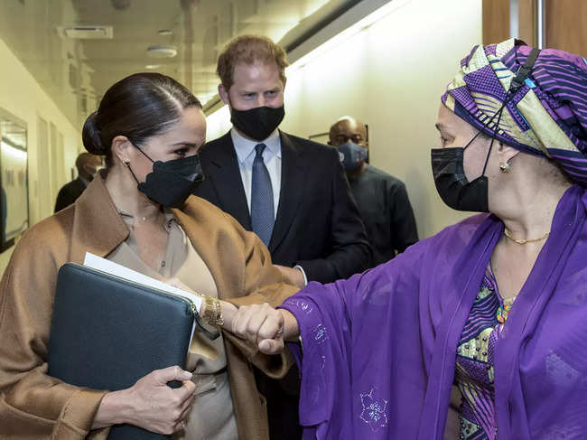 In this photo provided by the United Nations, U.S. Deputy Secretary-General Amina Mohammed, right, Meghan Markle, left, and Prince Harry meet during a visit to U.N. headquarters during the the 76th session of the United Nations General Assembly on Saturday, Sept. 25, 2021.