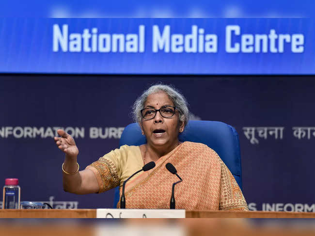 New Delhi: Union Finance Minister Nirmala Sitharaman speaks during a press confe...