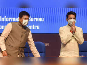 New Delhi: Union Ministers Piyush Goyal and Anurag Thakur arrive to address the ...