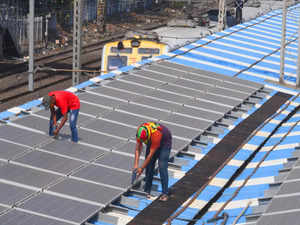 Solar Panel getting fixed atop platform roof for using the solar electricity for the station at Dadar on Western Railway