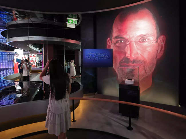 ​A picture shows an image of Apple founder and late CEO Steve Jobs in the interior of the US pavillon at the Dubai Expo 2020.