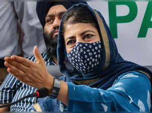 Jammu: People Democratic Party (PDP) President Mehbooba Mufti addresses a press ...