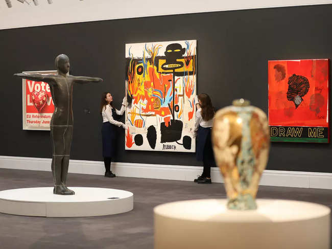 Works Banksy, Antony Gormley, Jean-Michel Basquiat, Grayson Perry and Kerry James Marshall at Sotheby's on February 07, 2020 in London, England. Representative Image