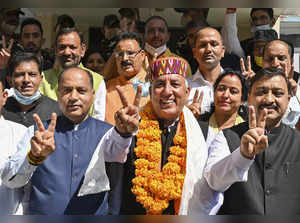 Mandi: BJP candidate Khushal Thakur with Himachal Pradesh CM Jai Ram Thakur afte...