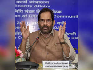 New Delhi: Union Minister for Minority Affairs Mukhtar Abbas Naqvi speaks during...
