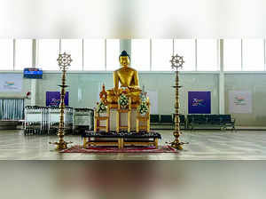 A lord Buddha statue placed inside the Kushinagar international airport.