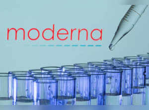 FILE PHOTO: Test tubes are seen in front of a displayed Moderna logo in this illustration