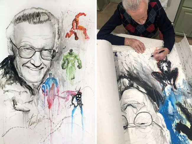 A black and white portrait of Stan Lee with four characters in colour are seen in this undated handout image. In 2nd image, Lee adds marker pen to a large drawing of his portrait in black and white in this undated handout image.
