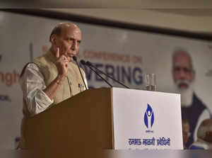 New Delhi: Defence Minister Rajnath Singh addresses the 'National Conference on ...