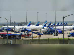 New Delhi: Planes parked at T-3 terminal of Indira Gandhi International Airport,...