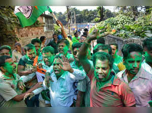 Nadia: Trinamool Congress (TMC) activists celebrate as the party is leading duri...