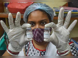 Kolkata: A health worker shows the vials fo Covaxin dose, at a vaccination centr...