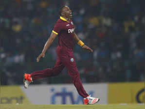 West Indies' Bravo celebrates after taking a wicket