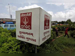 The logo of Oil and Natural Gas Corp's (ONGC) is pictured along a roadside in Ahmedabad