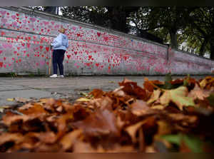 National Covid Memorial Wall, a dedication of thousands of hand painted hearts and messages commemorating victims of the COVID-19 pandemic, is seen in London