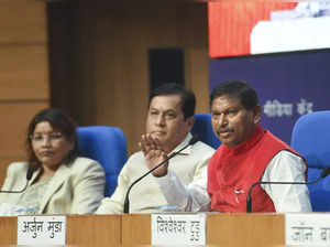 New Delhi: Union Tribal Minister Arjun Munda speaks during a press conference in...