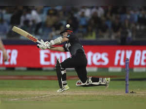 Dubai : New Zealand's captain Kane Williamson hits a four during the Cricket Twe...