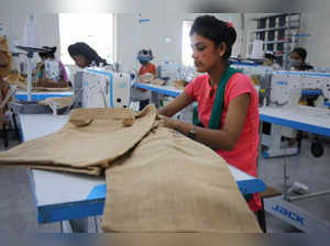 Moradabad: Women stitch jute bags during a workshop as part of a campaign for 'w...
