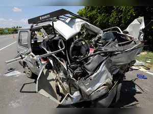 Krishnagiri: A crushed car after it collided head-on with a gas tanker lorry hea...