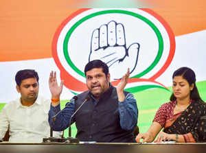 New Delhi: Congress leaders Gourav Vallabh, Alka Lamba and Neeraj Kundan address...