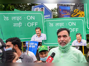 New Delhi: Delhi Environment Minister Gopal Rai speaks to media as volunteers ho...