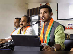 Jaipur: BJP leader Rajyavardhan Singh Rathore addresses media at the BJP Headqua...