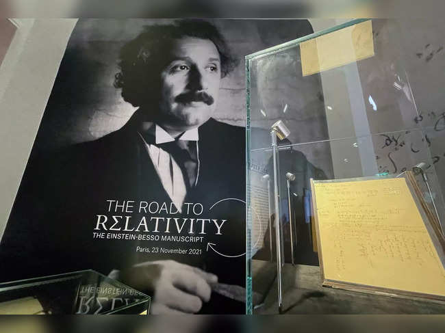The Einstein-Besso manuscript on display before its auction at Christie's auction house in Paris