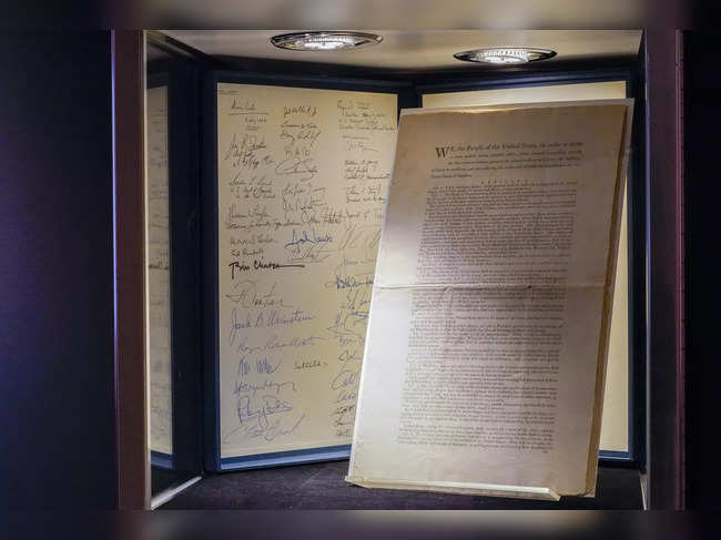 A first printing of the United States Constitution is displayed at Sotheby's auction house during a press preview in New York.