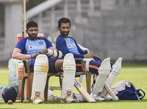 Mumbai: India's Wriddhiman Saha and K S Bharat during a practice session at the ...