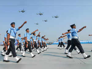 Ghaziabad: Indian Air Force (IAF) personnel march during the full dress rehearsa...