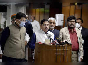 New Delhi: Union Parliamentary Affairs Minister Pralhad Joshi speaks to the medi...