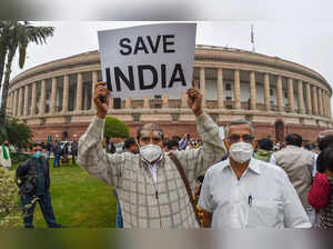 Opposition parties' MPs protest over suspension of 12 Rajya Sabha MP