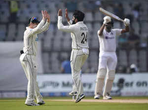 Mumbai: New Zealand bowler Ajaz Patel celebrates the wicket of R Ashwin during t...
