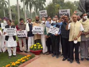Opposition parties stage protest in Parliament complex against suspension of 12 Rajya Sabha MPs
